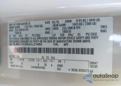 2018 Lincoln Mkc Premiere из США, поврежденный, VIN 5LMCJ1C95JUL21402